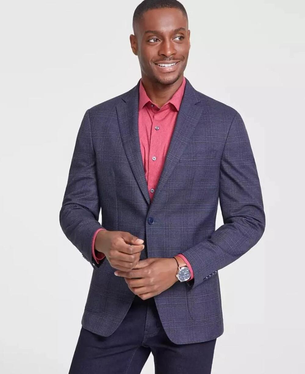 Bar III Men's Blue/Tan Plaid Slim Fit Wrinkle-Resistant Suit Sport Coat Size 46R